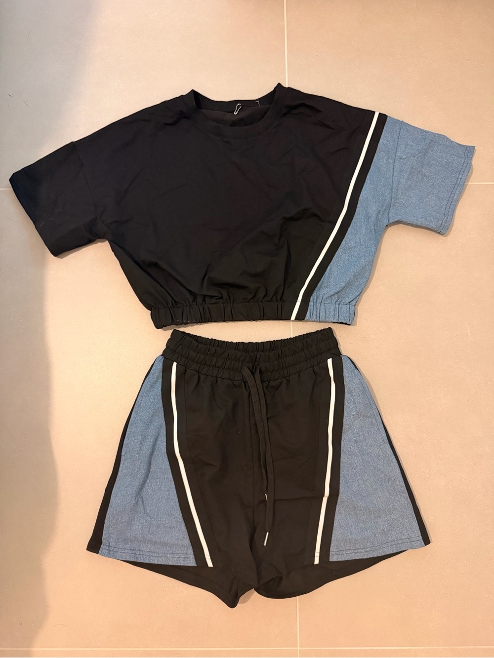 Two-Tone Black & Denim Blue Cropped Tee + Shorts Set